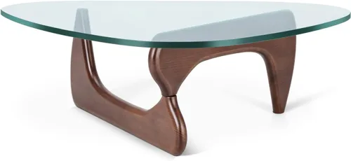 Miniatura 4 de Mesa de café triangular de vidrio moderna, con vidrio transparente vintage y base de madera maciza, mesa auxiliar para sala de estar, oficina, Nogal