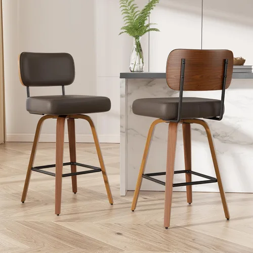 Miniatura 45 de Juego de 1 taburete de bar giratorio, taburetes de bar tapizados de 26" de altura para encimera con respaldo de nogal y patas de madera curvada