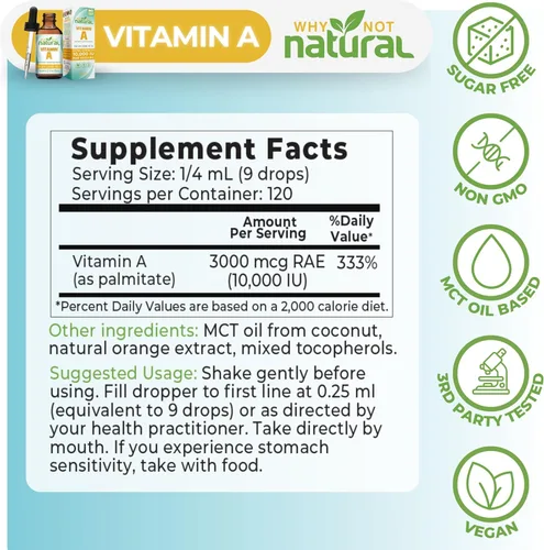 Miniatura 4 de Why Not Natural Vitamina A Drops 10000 UI - Palmitato de retinilo líquido con aceite de coco MCT, VIT vegano Un suplemento para la piel - 1 oz