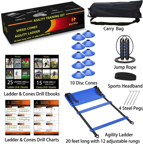 Miniatura 7 de Juego de entrenamiento de velocidad y agilidad, incluye 1 escalera de agilidad, 4 estacas de acero, 1 cinta para la cabeza deportiva, 1 cuerda