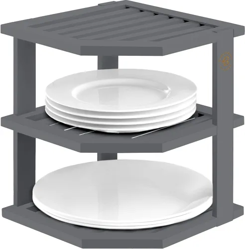 Miniatura 10 de Paquete de 2 organizadores de platos para gabinete, estante esquinero de bambú para almacenamiento de cocina o baño, estante que ahorra espacio