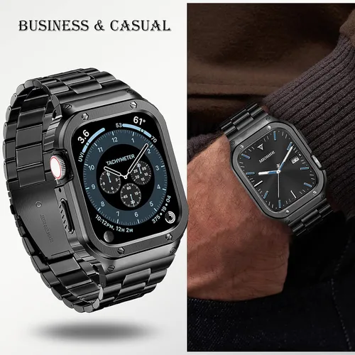 Miniatura 4 de MioHHR Correa y funda de acero inoxidable compatible con Apple Watch Band de 1.614 in, 1.575 in y 1.496 in, cubierta protectora de metal para Negro