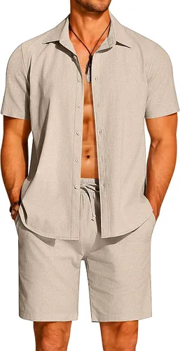 Miniatura 17 de COOFANDY Conjunto de 2 piezas de algodón y lino para hombre, camisas de manga corta con botones, pantalones cortos de playa de verano, trajes