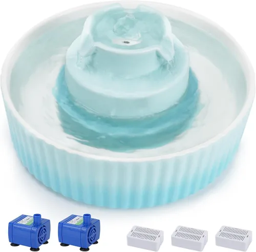 Miniatura 8 de Lawfery Fuente de agua de cerámica para gatos, fuente para gatos de 71 onzas con 3 filtros de carbono y 2 bombas silenciosas, dispensador de agua