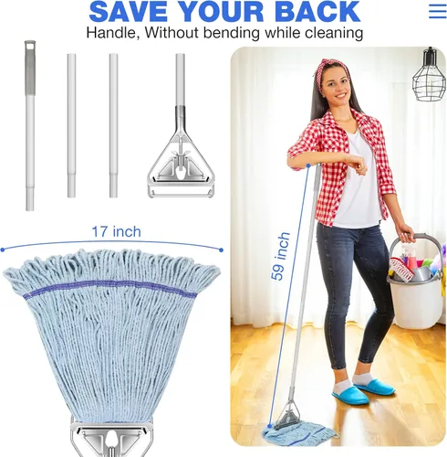 Miniatura 5 de Trapeador de Cuerda Resistente para Limpieza de Pisos - Trapeador Húmedo Industrial Comercial con Mango de 59 Pulgadas para Limpieza de Hogar, Azul