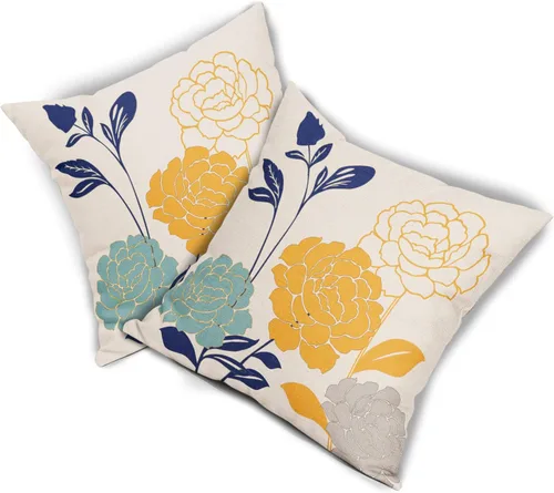 Miniatura 2 de Fundas de Almohadas para Exteriores con Flores 16x16 Juego de 2, Fundas de Almohadas Decorativas Verde Azulado Gris Mostaza Amarillo Floral, Fundas