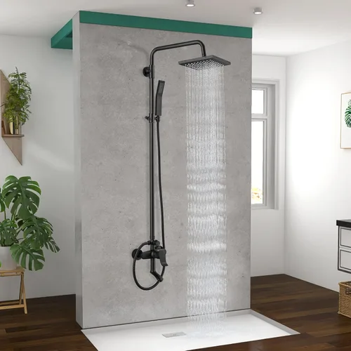 Miniatura 9 de Heyalan Juego de sistema de ducha de lluvia negro mate, sistema de ducha expuesto, 3 funciones, grifo de ducha de baño giratorio de 8 pulgadas
