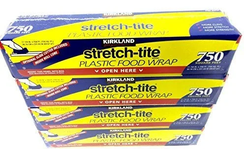Kirkland Signature Stretch Tite - Paquete de 4 envolturas de plástico para alimentos de 11 7/8 pulgadas x 750 pies.