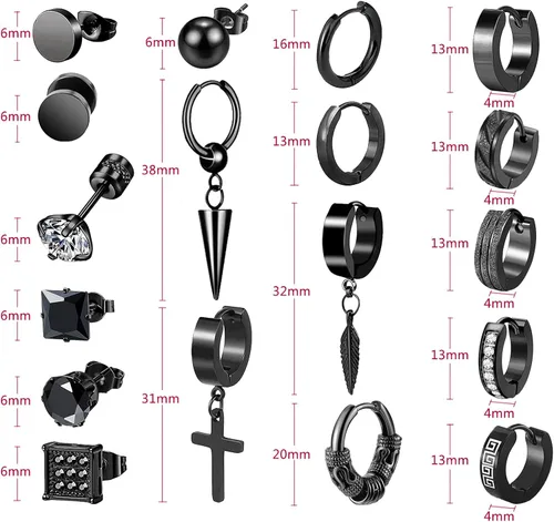 Miniatura 4 de Aretes para hombre 18 pares de aretes quirúrgicos de acero inoxidable para hombres y mujeres aretes de circonita cúbica aretes de aro colgantes