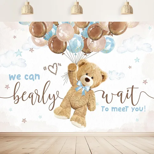 Miniatura 8 de Telón de fondo de oso para baby shower, de 5 pulgadas de ancho x 3 de alto, con texto en inglés «We Can Bearly Wait Brown Blue Balloons» de dibujos