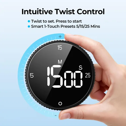 Miniatura 3 de Temporizador magnético de cocina para cocinar con alarma fuerte - Gran pantalla LED de cuenta atrás rotativa Pomodoro, preajuste de 5/15/25 minutos