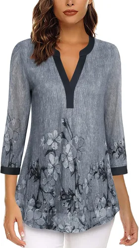 Miniatura 2 de Timeson Blusas de manga 34 para mujer, cuello en V, camisas de vestir de malla de doble capa