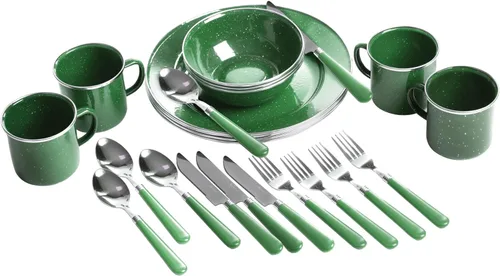 Stansport Deluxe 24-Piece Enamel Tableware Set - Enamel Plates and Bowls Lightweight and Durable Camp Dish Set for Camping and Backpacking Plates