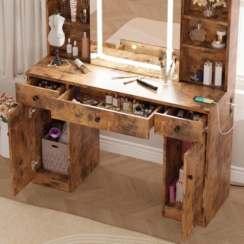 Miniatura 3 de IRONCK Juego de escritorio de tocador con espejo grande con luz LED y toma de corriente, 7 cajones, tocadores, mesa de maquillaje con banco