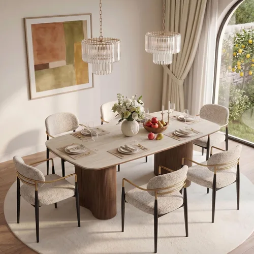 Miniatura 18 de Mesa de comedor extensible con extensión, 65"-95" piedra sinterizada rectangular, superficie con aspecto de mármol, para 6-12 personas, base