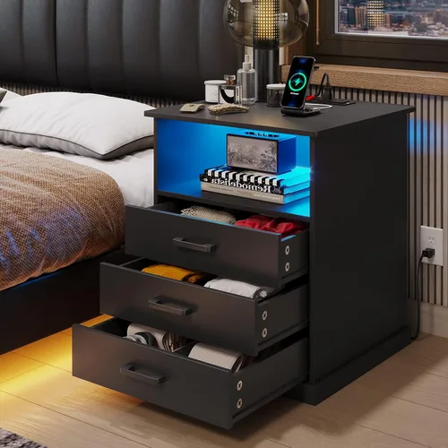 Miniatura 2 de Hasuit Mesita de noche con estación de carga y luces LED, mesita de noche grande con 3 cajones de almacenamiento, mesita de noche negra