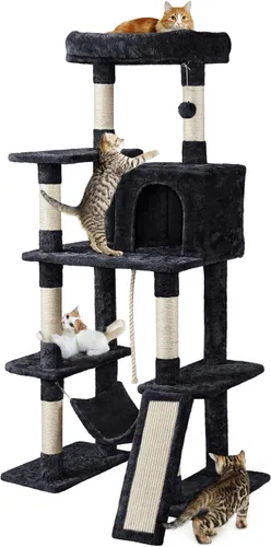 Miniatura 12 de Topeakmart Árbol para gatos de 63 pulgadas, mueble grande de torre para gatos con condominio para gatos, plataforma acolchada y poste rascador