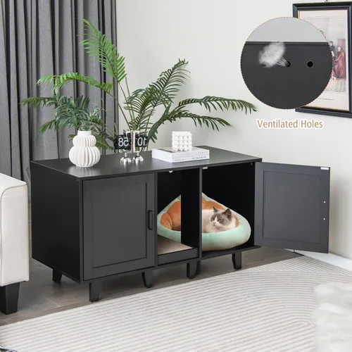Miniatura 2 de PETSITE Caja de arena para 2 cajas de arena, mesa auxiliar oculta para baño de gatos con 2 gabinetes, tabla de rascar, muebles de arena para gatos
