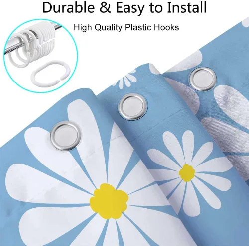 Miniatura 4 de Cortina de ducha con diseño floral de margaritas azules para caravana, remolque, baño, lindo juego de cortinas de ducha de tela estrecha y corta