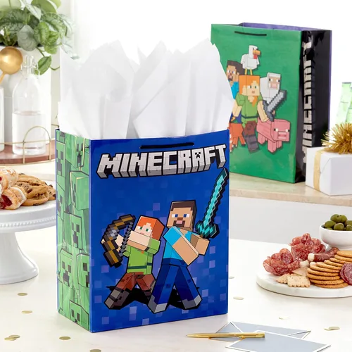 Miniatura 2 de Hallmark Paquete de bolsa de regalo Minecraft (2 bolsas: bolsa azul grande de 13 pulgadas, 15 pulgadas extra grande verde) para cumpleaños, Navidad
