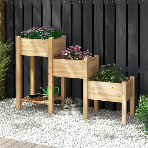 Miniatura 2 de Giantex Juego de 3 camas de jardín elevadas, jardinera de madera con estante de almacenamiento, camas elevadas para frutas, verduras, flores, Natural