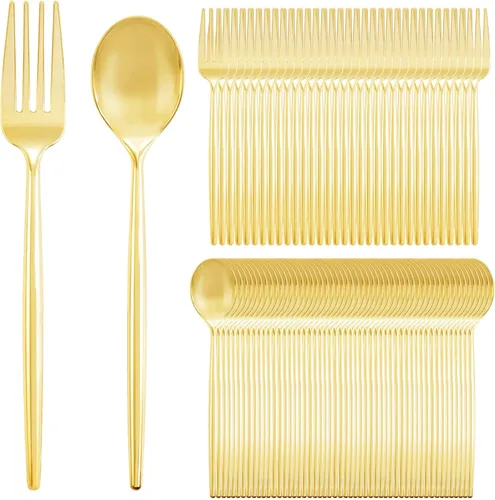 SUT Juego de 200 piezas de tenedores y cucharas de plástico dorado resistente, cubiertos desechables dorados, cubiertos de oro, utensilios