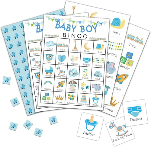 Tarjetas de bingo de revelación de género, anuncio de embarazo azul para 24 jugadores, juegos de fiesta de revelación de género para actividades