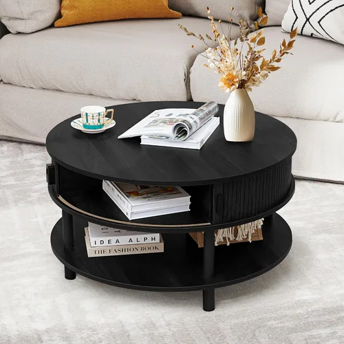 XUZENEST - Mesa de café redonda de 31.5" con almacenamiento, mesa de café de 2 niveles de mediados de siglo moderna con puerta deslizante de tambor,
