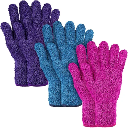 Bencailor 3 pares de guantes de microfibra para limpiar el polvo, guantes de plantas, guantes de limpieza gruesos para persianas (morado, azul, rosa