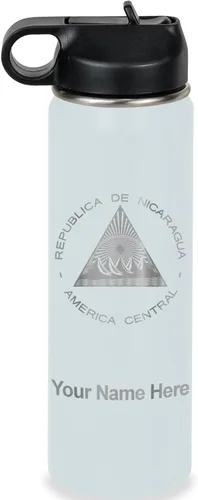 Miniatura 39 de LaserGram Botella de agua personalizada, bandera de Nicaragua, acero inoxidable de doble pared aislada al vacío con popote superior, regalo grabado