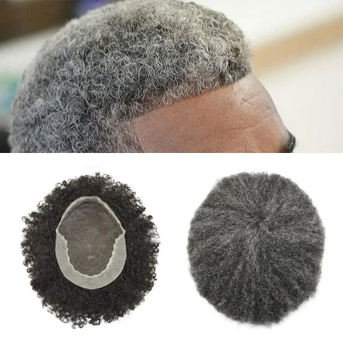 Miniatura 8 de Afro Toupee para hombres negros, encaje frontal brasileño humano brasileño para hombre, sistema de reemplazo de tupé, cabello rizado afro