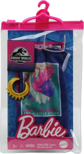 Miniatura 2 de Barbie Ropa de muñeca inspirada en Jurassic World: Dominion, look completo con 2 accesorios, vestido camiseta con gráfico colorido de dinosaurio