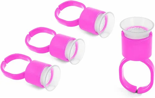 Miniatura 5 de 100 vasos para anillos de tinta, 100 anillos de pegamento de pigmento de microblading rosa con cápsulas de tinta de esponja, extensiones