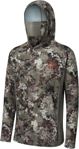 BASSDASH - Camiseta de caza para hombre con protección solar FPU 50+, manga larga con capucha tipo pasamontañas y diseño camuflado, para pesca