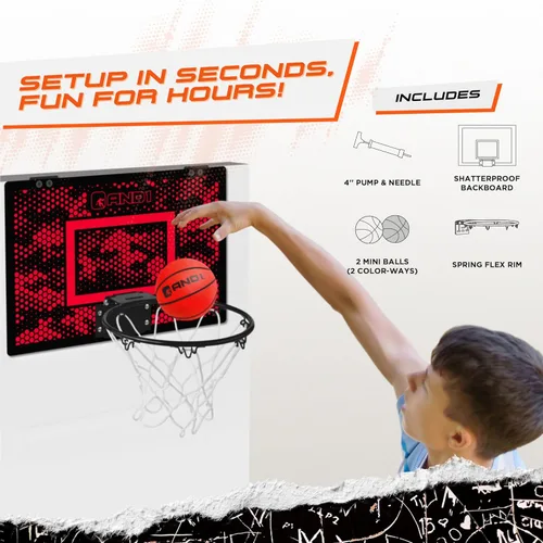 Miniatura 7 de Mini aro de baloncesto para puerta AND1: tablero antirroturas de 18x12, 2 mini balones de baloncesto y bomba manual incluida - Accesorio de Rojo