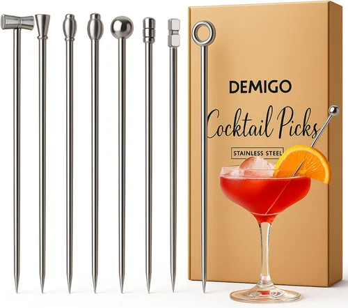 Miniatura 10 de DEMIGO Púas de cóctel de 16 piezas, 8 nuevos estilos de acero inoxidable reutilizables para relleno de aceituna, juego de palillos de frutas