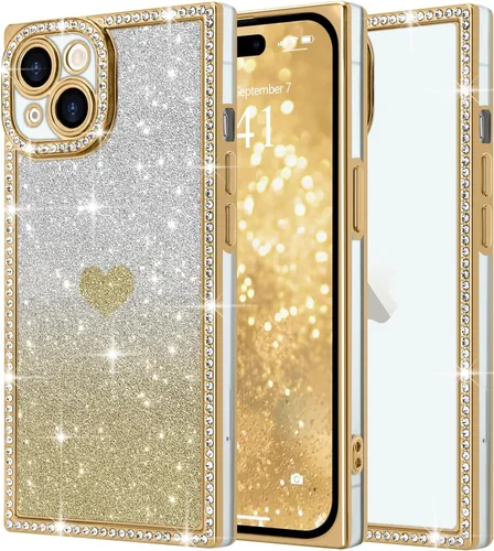 Miniatura 23 de Funda para iPhone 13, funda de diamantes de imitación de lujo con patrón de corazón de amor de cristal [papel con purpurina extraíble], parachoques