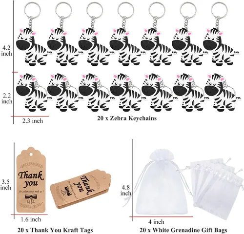 Miniatura 6 de Paquete de 60 regalos de fiesta de cebra que incluye 20 llaveros, 20 etiquetas de agradecimiento, 20 bolsas de regalo para llavero de cebra, regalo