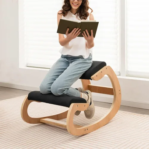 Miniatura 2 de GOFLAME Silla ergonómica para arrodillarse, mecedora de madera con cómodo cojín de asiento acolchado y soporte de rodilla para oficina en casa, Negro