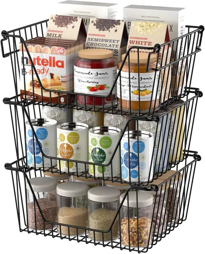 SANNO Cestas apilables de alambre negras apilables para almacenamiento de verduras, despensa, refrigerador y organización de baño, paquete de 3