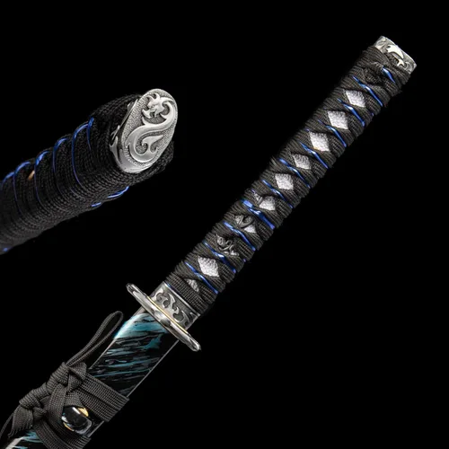 Miniatura 7 de Espada katana japonesa hecha a mano, auténtica, forjada a mano, espadas samurai de acero de alto carbono 1060 para artes marciales, colección y Azul