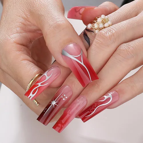 Miniatura 11 de Uñas postizas largas a presión, cuadradas, francesas, nude, rosa, lazo de lujo y diamantes de imitación de flores 3D, 24 unidades, uñas brillantes