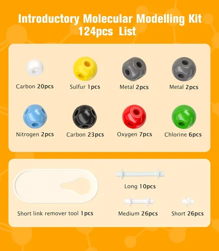 Miniatura 7 de Kit de modelo de química orgánica, 124 piezas, kit de modelo molecular portátil para clases de química, conjunto de modelos de elementos atómicos