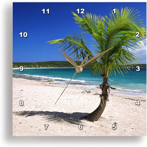 3dRose Reloj de pared silencioso - 15 pulgadas - Caribe, Puerto Rico, Vieques. palma de coco solitaria en playa roja. - Tropical