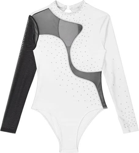 Miniatura 60 de iiniim Leotardo de malla para mujer, con diamantes de imitación, de malla, de manga larga, leotardos de gimnasia