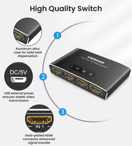 Miniatura 7 de Interruptor HDMI 3 en 1 Salida 4K UHD HDMI Switcher Splitter, interruptor automático con control remoto de metal HDMI Switch Box Hub Soporte 4K 3D
