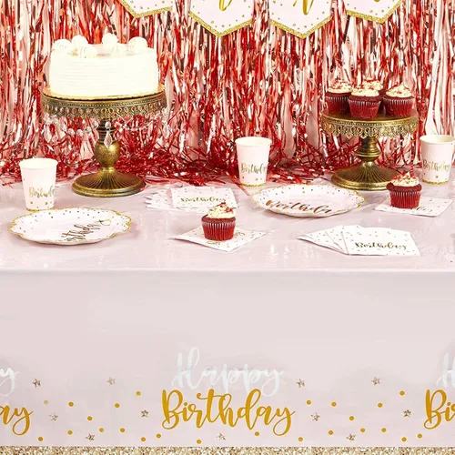 Miniatura 2 de Sparkle and Bash Mantel rectangular de feliz cumpleaños rosa y dorado, mantel de plástico reutilizable y duradero, telón de fondo de fotos