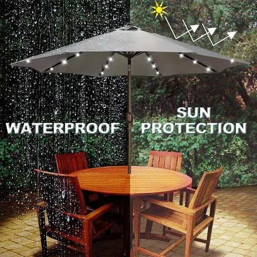 Miniatura 5 de Blissun - Sombrilla solar de 9 pies, 32 luces LED, parasol de mesa para patio, jardín, cubierta, piscina y playa (gris)