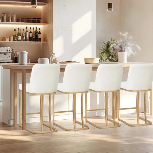 Miniatura 8 de Juego de 2 taburetes de bar de altura de mostrador de color blanco cremoso de 24 pulgadas, modernos taburetes de bar dorados con respaldo tapizado