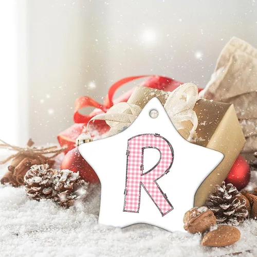 Miniatura 5 de Adorno de cerámica con monograma de letras del alfabeto de búfalo rosa con forma de estrella, recuerdo colgante para boda, invierno, Año Nuevo